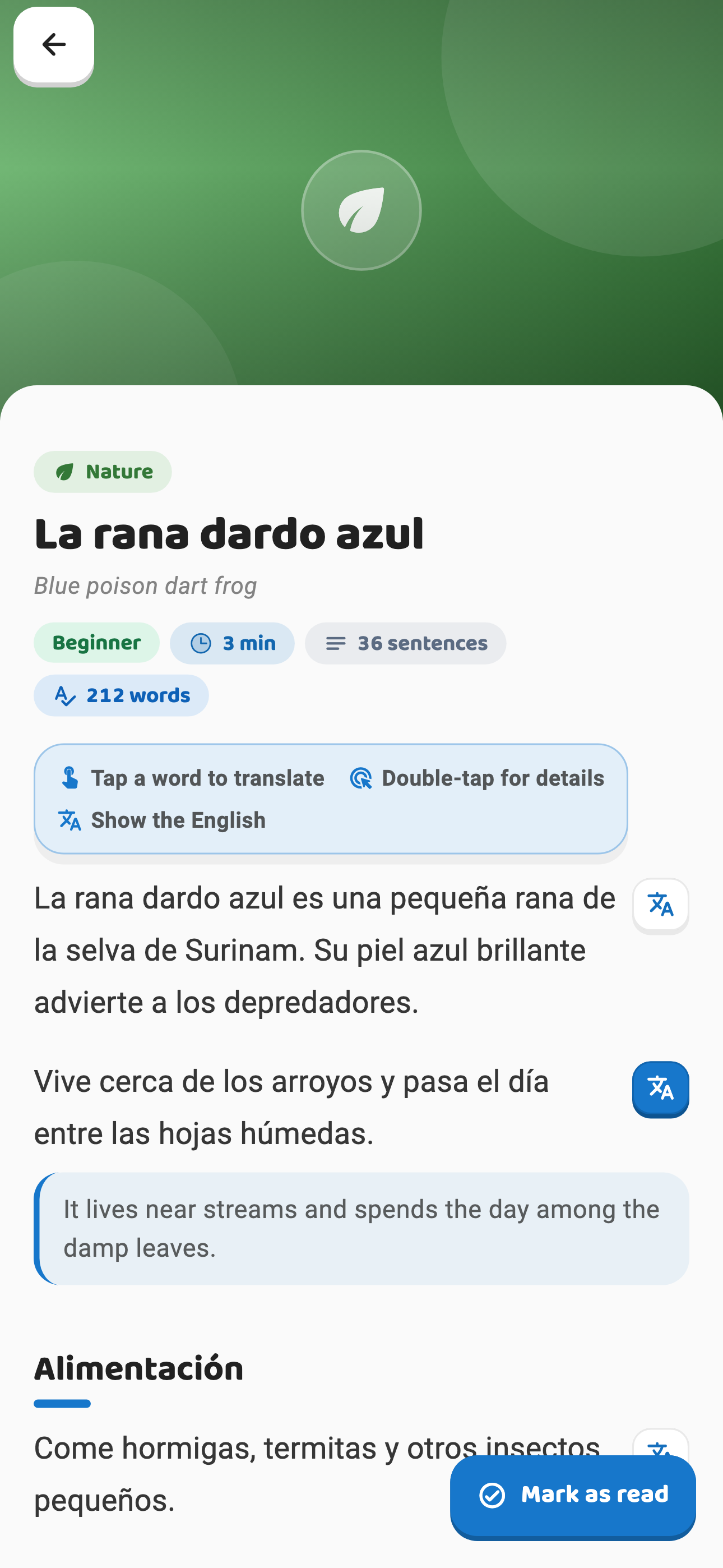 Ribbit article reader showing a Spanish article with words you can tap for meanings. Illustrative preview.